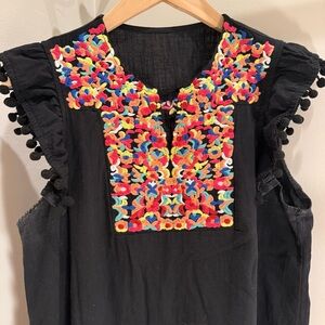 Black Colorful Embroidered Short Sleeve with Pom Pom Dress - Size Medium